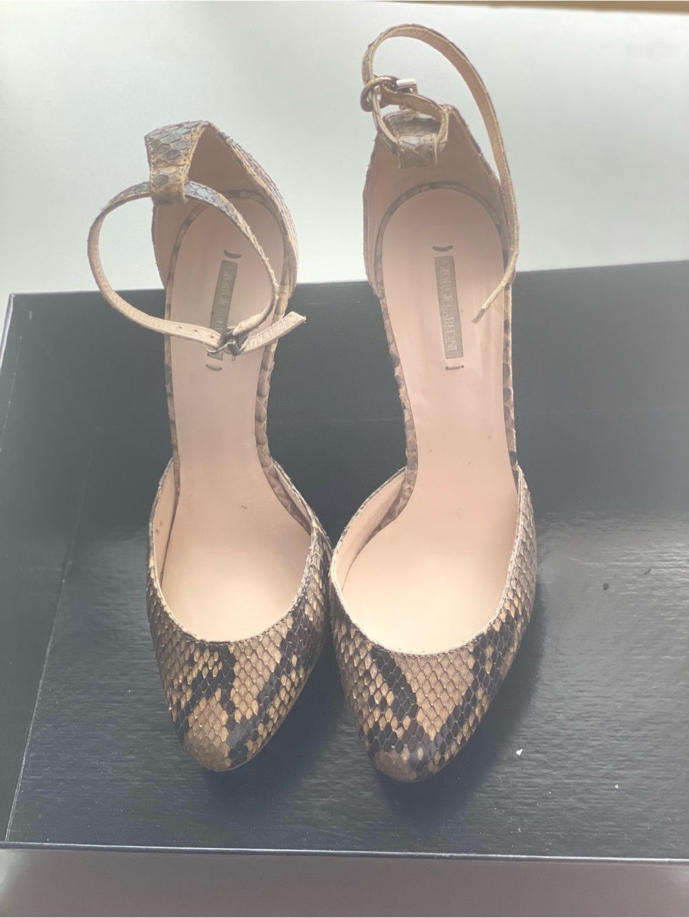 Giorgio Armani -Cammeo Python-Print Ankle-Strap Pointed-Toe Pumps in Brown